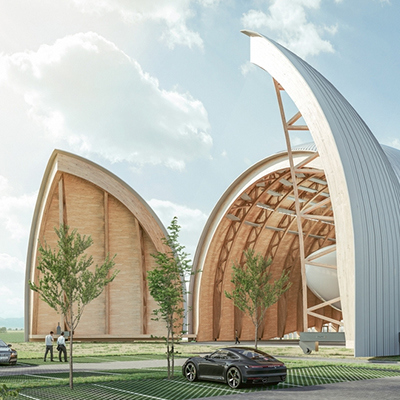 Imposante Zeppelin hal van hout